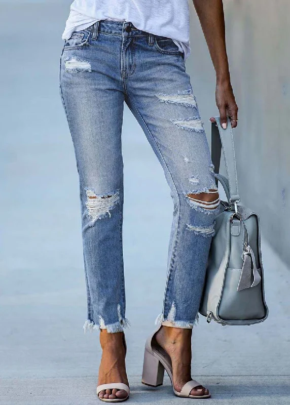 Casual Comfort Women Light Blue High Waist Denim Ripped Pants Trousers Summer