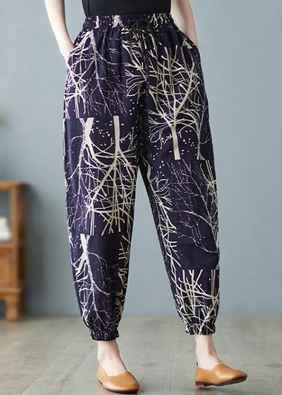 Cozy Pants Women Navy Elastic Waist Print Harem Pants Summer
