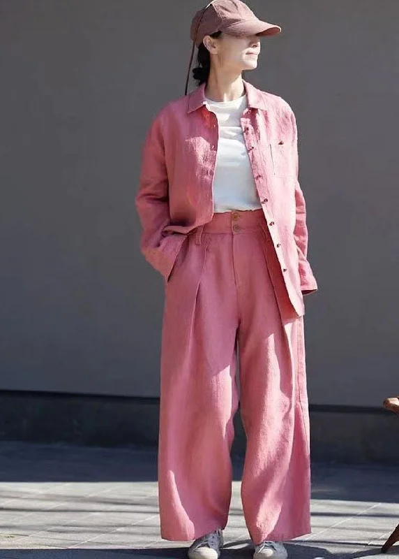 Elegant Casuals Women Pink High Waist Pockets Linen Straight Pants Spring