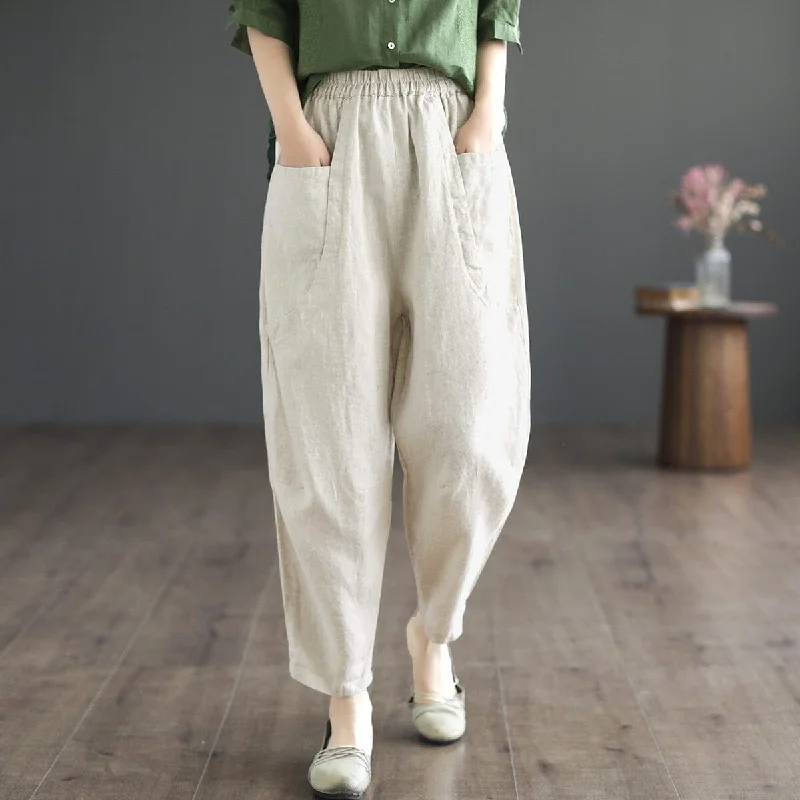 College Style Women Spring Retro Loose Casual Linen Pants