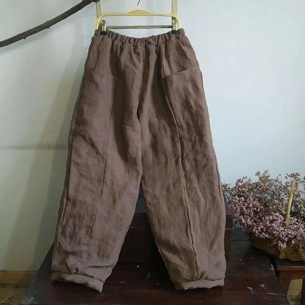 Floral Prints Women Thick Wide Leg Pants Elastic Waist Linen Vintage Female Pants