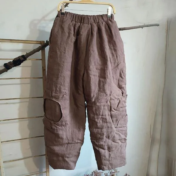 Classic Color Women Vintage Wide Leg Pants Elastic Waist Cotton Linen Trouser