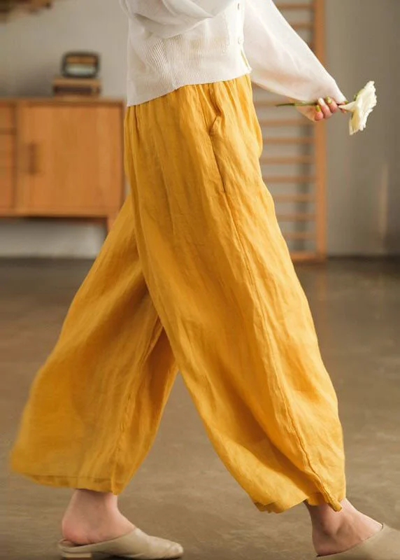 Elegant And Casual Women Yellow Elastic Waist Oversized Linen Crop Pants Wide Leg Pants Summer