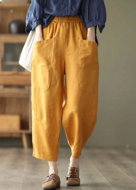Spring Fashion Women Yellow Elastic Waist Pockets Linen Harem Pants Spring