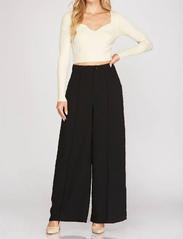 Exquisite Details Woven Wide Pants In Black