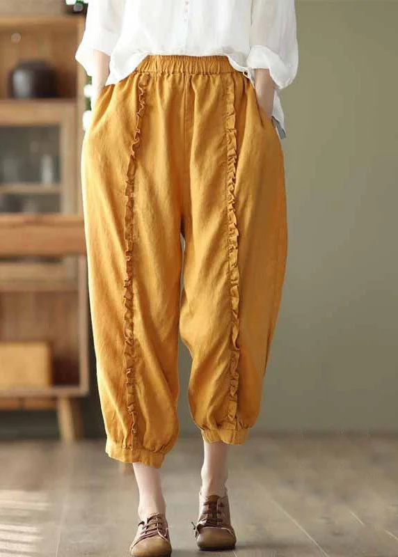 New Autumn And Winter Styles Yellow Pockets Elastic Waist Linen Crop Pants Ruffled Summer